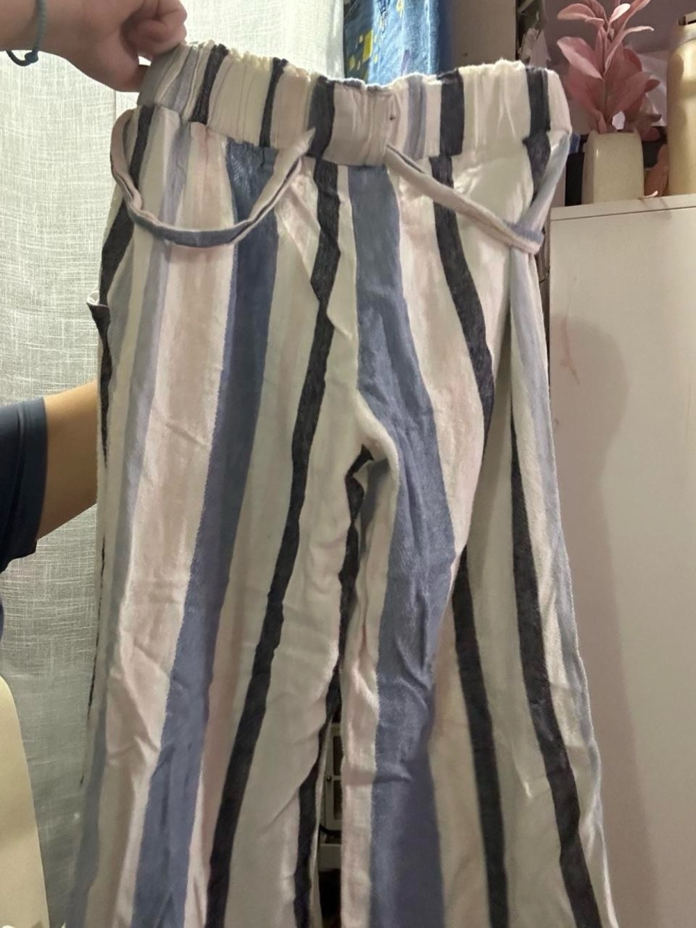 Indigo Rein Vertical Stripe Wide-Leg Pants in Blue, Gray & White